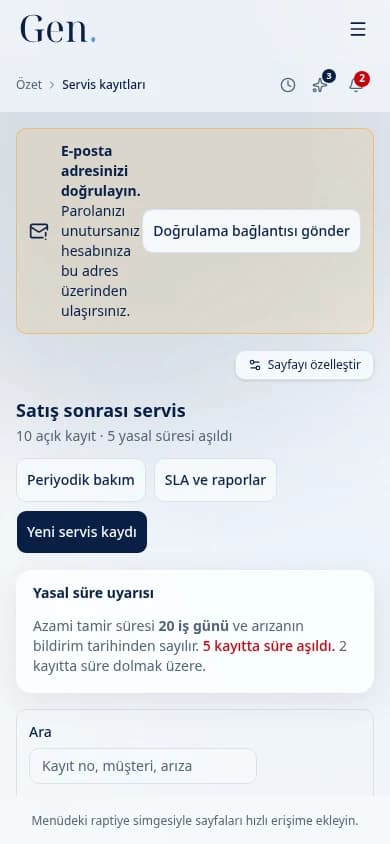Telefonda servis kayıtları ekranı (demo verisi)