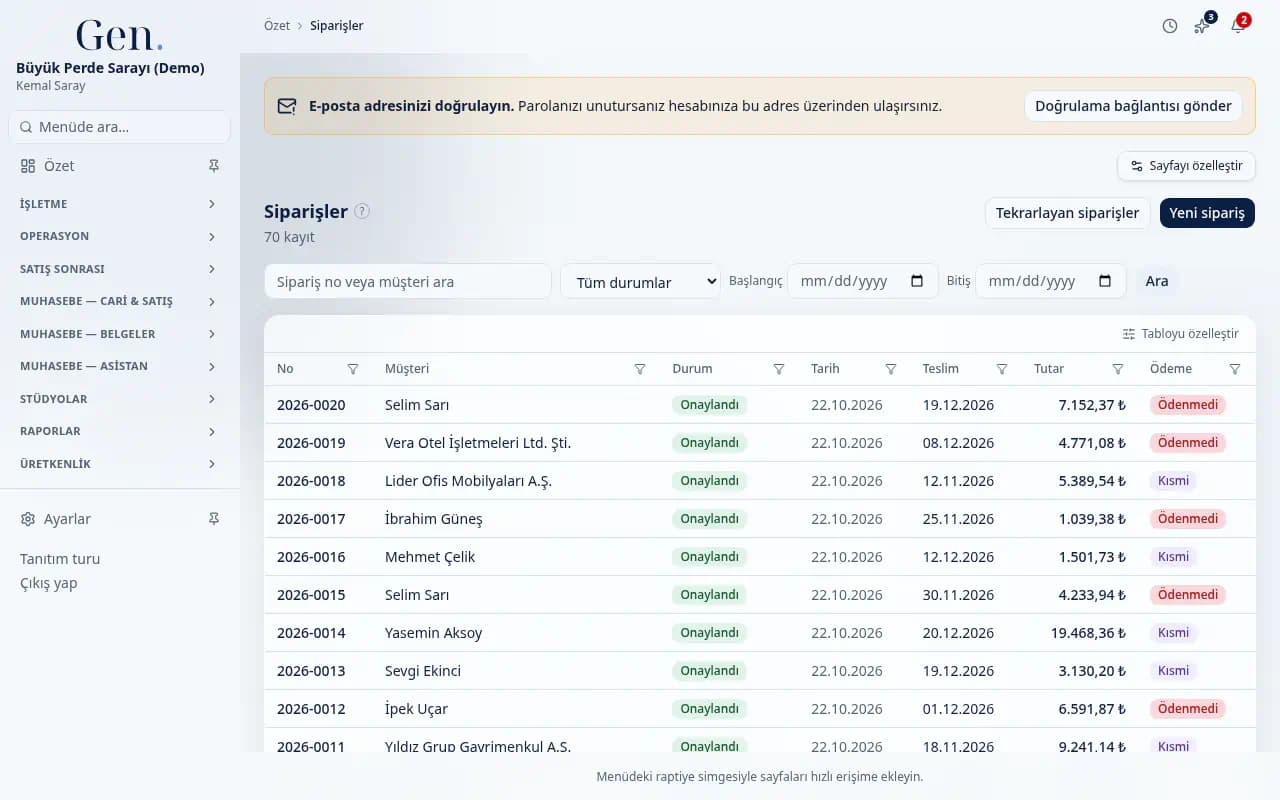 Perde sipariş listesi (demo verisi)